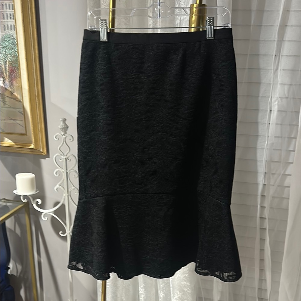 BCBGMaxAzria Black Midi Pencil Skirt with Ruffled Hem